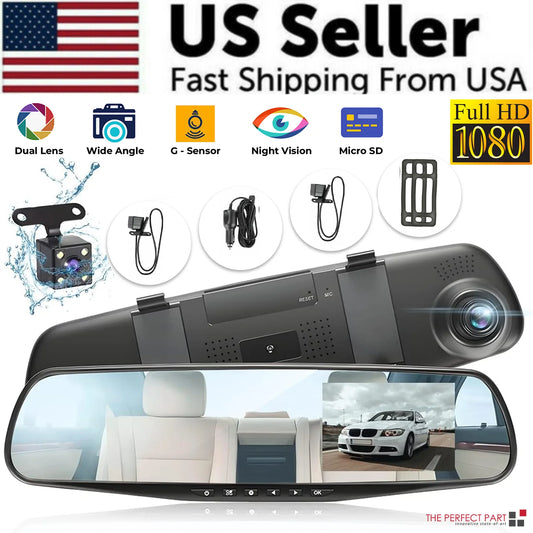Dual 1080P HD Dash Cam - Front and Rear Car DVR Rearview Mirror Video Recorder